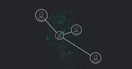 Image of network of connections with icons over digital human. Global technology and digital...