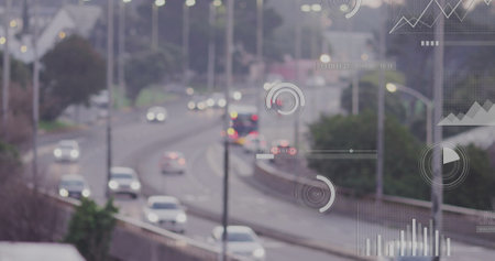 Traffic data visualization image over busy highway with moving cars. vehicles, technology,...