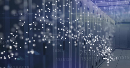 Image of dna strand and data processing over server room. Science and digital interface concept...