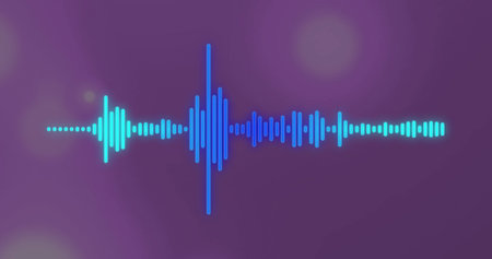 Image of glowing blue line audio level meter over bokeh light spots on purple background....
