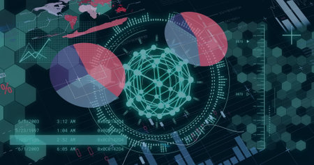 Image of digital data processing over statistics. Global connections, computing and data processing...