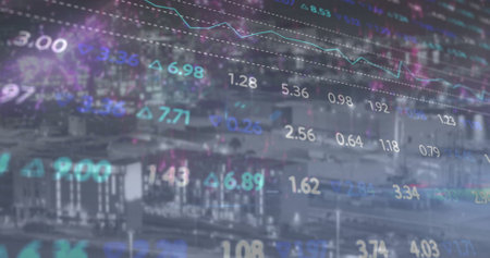 Stock market data image over cityscape background. Finance, economy, stock exchange, investment,...