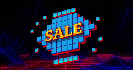 Image of digital shapes and mountains over sale text. Social media, pattern and digital interface...