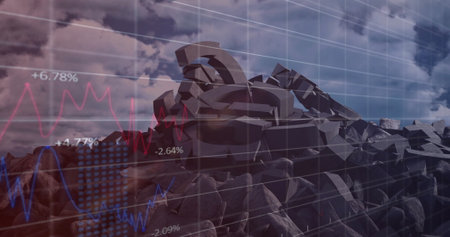 Image of financial data processing over broken euro symbol and sky with clouds. Global business,...