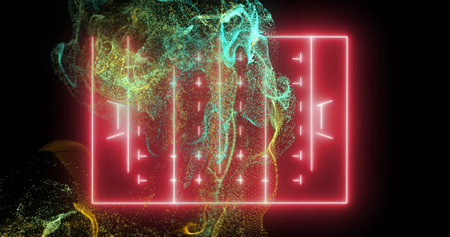 Image of yellow and blue particle wave over pink neon rugby pitch on black background. Network, sport, competition, connection and communication, digitally generated image.の写真素材