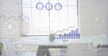 Image of data processing over desk in office. Global finance, business, connections, computing and...