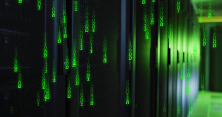 Image of data processing over server room. Technology, business and digital interface concept...