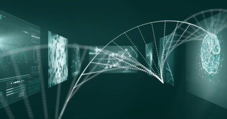 Image of dna strand over data processing on black background. Global science, medicine, computing...