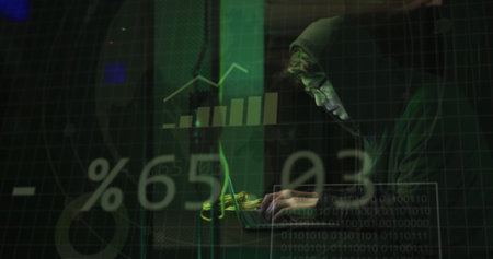 Image of data processing and diagrams over asian male hacker in server room. Technology, business...