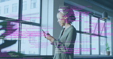 Image of data processing over biracial businesswoman using smartphone. Business, technology and...