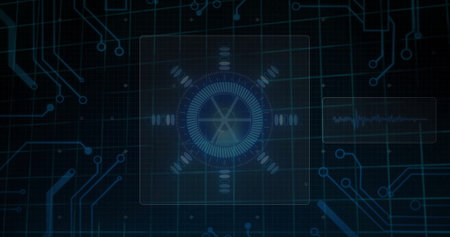 Image of data processing with scope scanning on black background. Global technology, computing and...