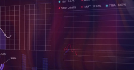 Image of data processing and diagrams over black background. Technology, business and digital...