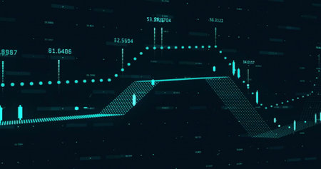 Image of data processing over world map on black background. Global technology, computing and...