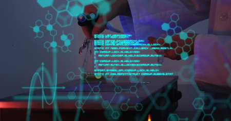 Image of data processing with chemical formula over caucasian male scientist working in lab. Global...