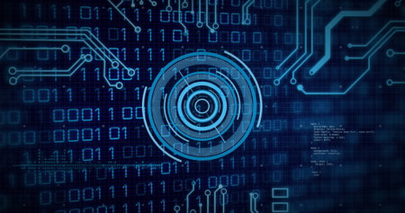 Image of scope scanning over data processing. Technology and digital interface concept digitally...