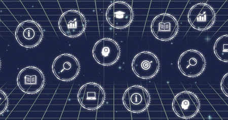 Image of network of connections and data processing with icons on blue background. Global...