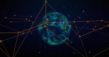 Image of network of connections over globe. Global connections, computing and data processing...