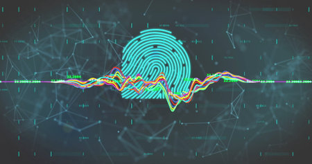 Image of digital data processing over padlock icons and biometric fingerprint. Global connections,...