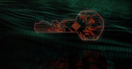 Image of key icon with computer circuit board over spots on black background. Global technology,...