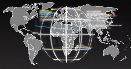 Image of globe spinning over world map and data processing. Global business, technology and digital...