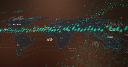 Image of digital data processing over world map. Global connections, computing and data processing...