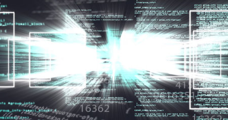 Image of data processing over light trails on black background. Global technology, computing and...
