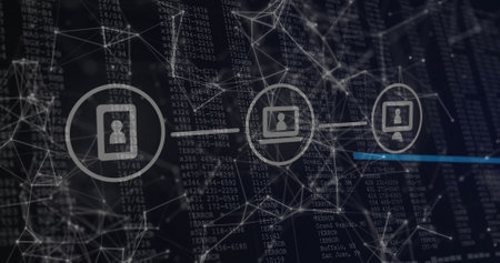Network of connections and data processing image over digital code background. Technology,...