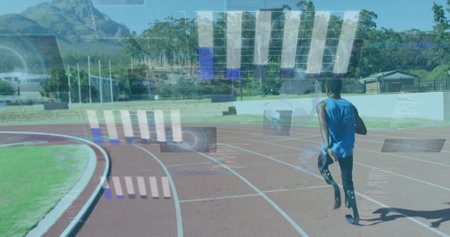 Running on track, athlete with data processing image over sports field. fitness, analytics,...