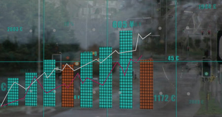 Image of financial data processing over city. Global finance, business, connections, computing and...