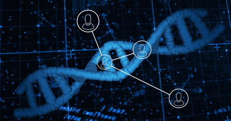 Image of data processing and media icons over dna strand. Global science and digital interface...