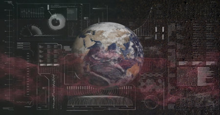 Image of globe, statistics and data processing over cityscape. Global business, connections,...