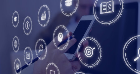 Image of icons and data processing over caucasian businesswoman using smartphone. Global finance,...