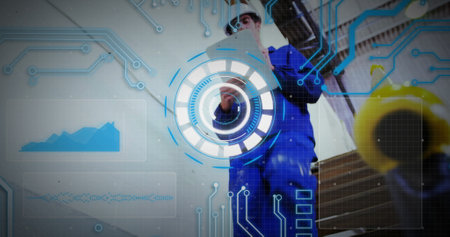 Image of circuit board and data processing over caucasian male worker with clipboard. Global...