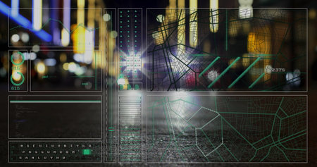 Image of data processing and diagrams ove cityscape at night. Business and digital interface concept...