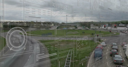 Image of data processing and diagrams ove cityscape. Business and digital interface concept...