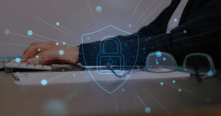 Image of padlock icon and connections over caucasian businesswoman using computer. Global business,...