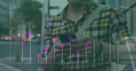 Image of financial data processing over caucasian businessman using smartphone. Global finance,...