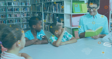 Image of financial data processing over diverse schoolchildren and male teacher. Global education,...