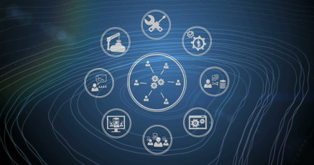 Image of circular scanners and business and network icons processing over contours on dark blue....
