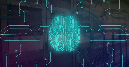 Image of digital brain, circuit board and data processing over computer servers. Global connections,...