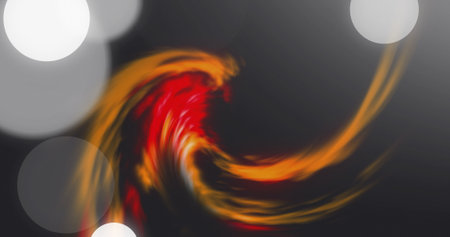 Image of glowing light spots and light trials moving over black background. Colour, shape, light and...