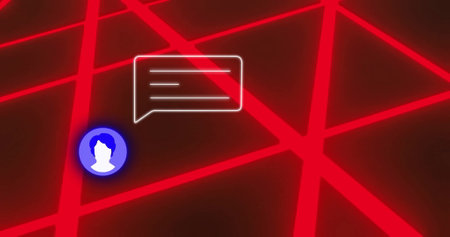 Image of social media icons over neon shapes on black background. Shapes, colours, background and...