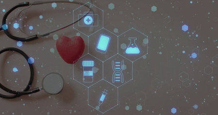 Image of medicine icons over stethoscope and heart. Global medicine and digital interface concept digitally generated image.の写真素材