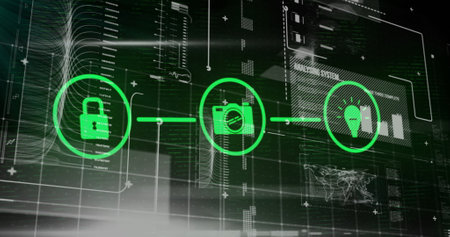 Image of icons and digital data processing over dark background. Global finance, business,...