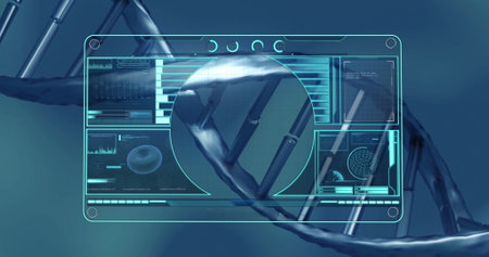 Image of dna strand and data processing over screen. Global science, business, connections,...