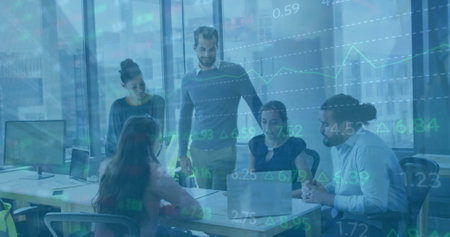 Image of financial data processing over diverse business people in office. Global finance, business,...
