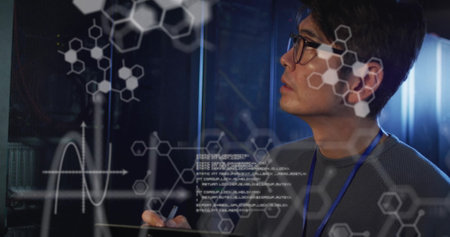 Image of data processing and chemical formula over asian male worker in server room. Global business...