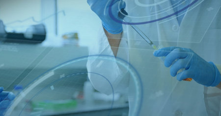 Image of data processing and scope scanning over caucasian scientists with test tube. Global science...