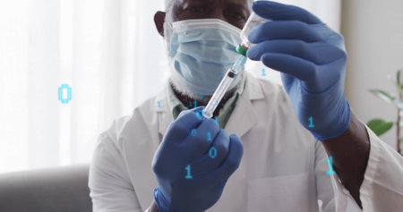 Image of binary coding over african american male doctor preparing vaccine. Global medicine and...