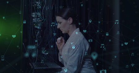Image of media icons over caucasian female worker in server room. Global technology and digital...